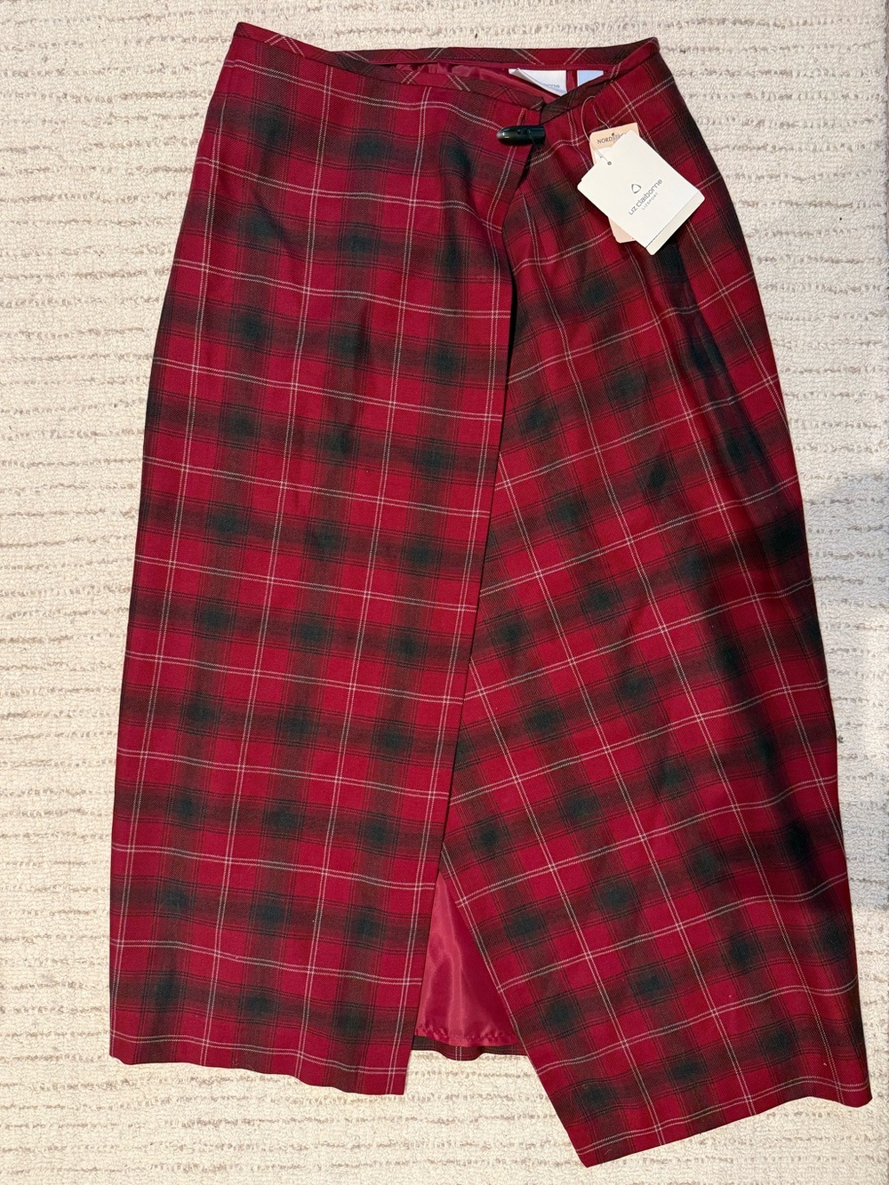 Liz Claiborne Sport Wool Tartan Plaid Wrap Midi Skirt Size 12 Autumn Berries Red - Picture 2 of 5